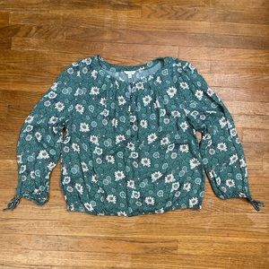 Lucky Brand Sz Large Green White Floral Boat Neck L/S Button Detail Blouse Top